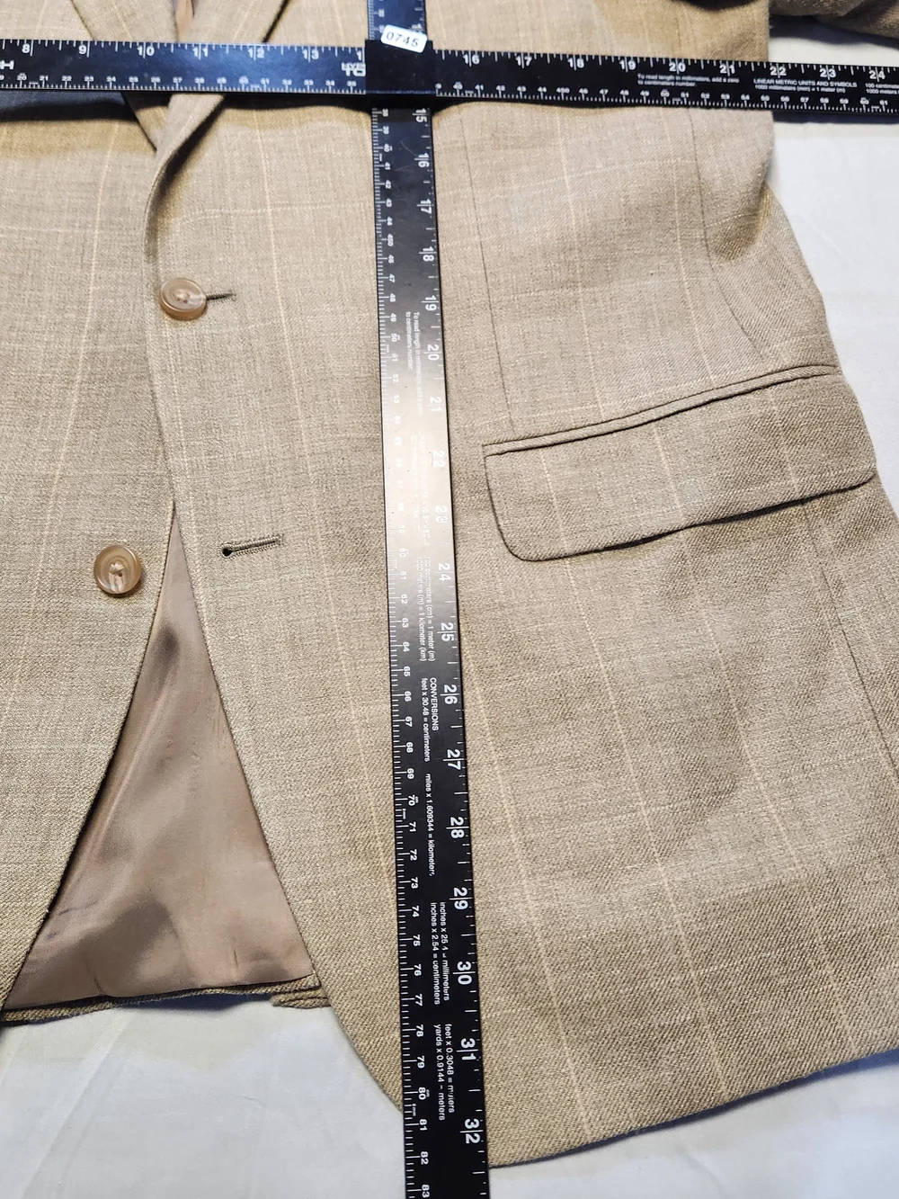 Lauren Ralph Lauren Sport Coat 42R Tan Beige Windowpane Silk Linen Wool slubby